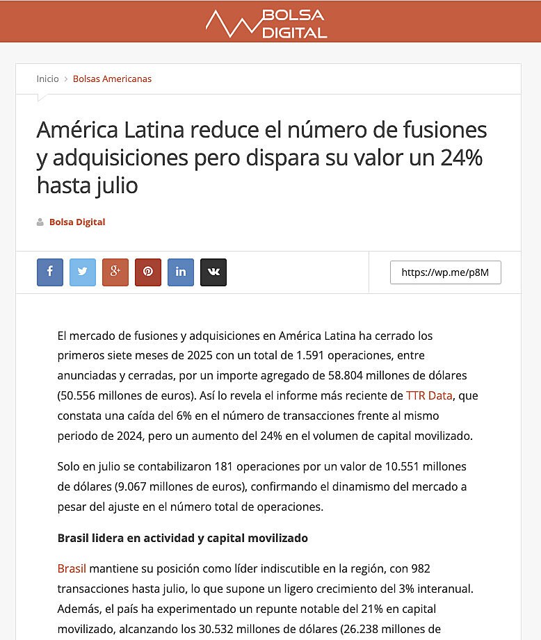 Amrica Latina reduce el nmero de fusiones y adquisiciones pero dispara su valor un 24% hasta julio